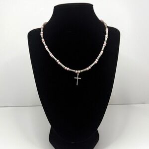 Pink Glass Beaded Cross Charm Pendant Necklace Silver Tone Fashion Jewelry 8 in